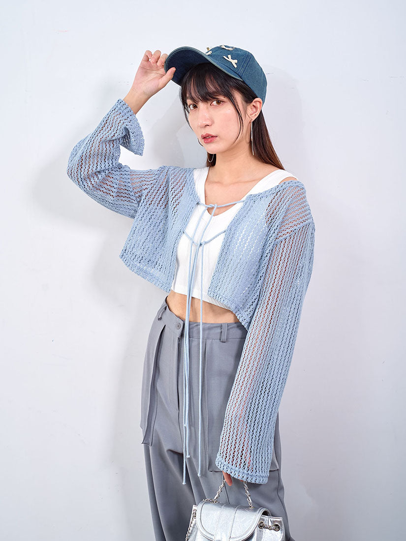 Net Knitted Tie Front Cropped Cardigan (3 Colours)