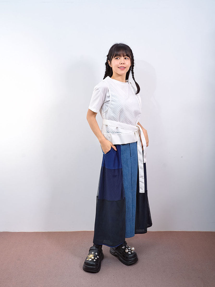 Mesh Patched Denim Skirt (2 Colours)