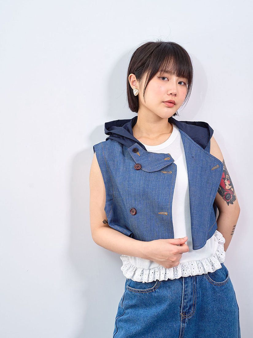 Double Breasted Denim Hoodie Cropped Vest