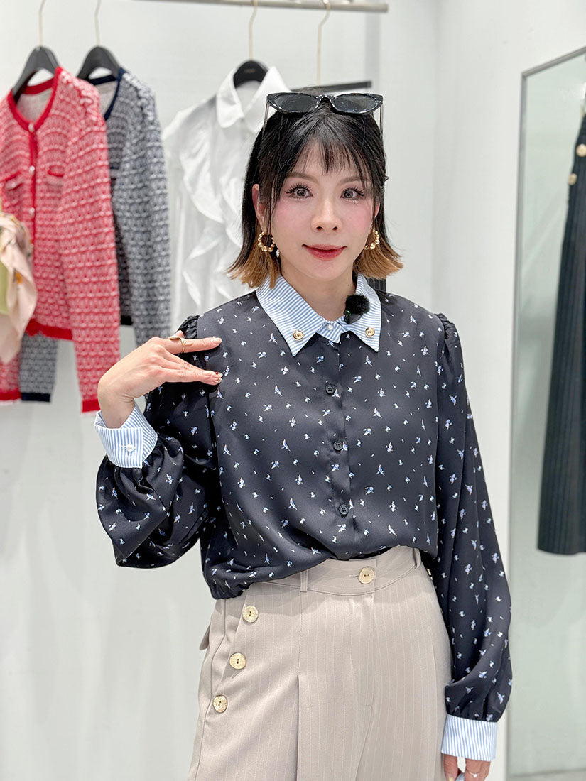 Drawstring Hem Striped Collar Floral Shirt