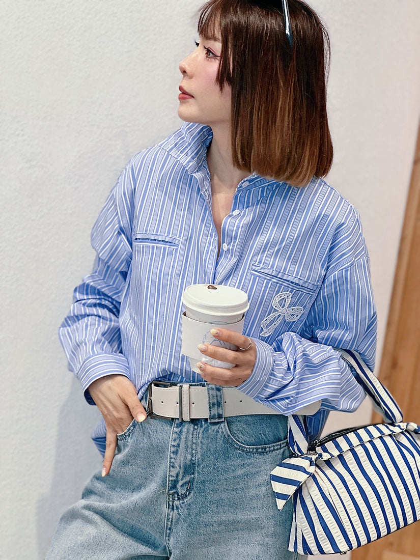 Bow Embroidered Mock Neck Striped Shirt