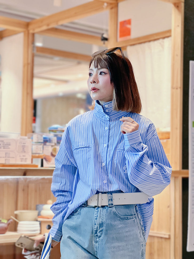 Bow Embroidered Mock Neck Striped Shirt