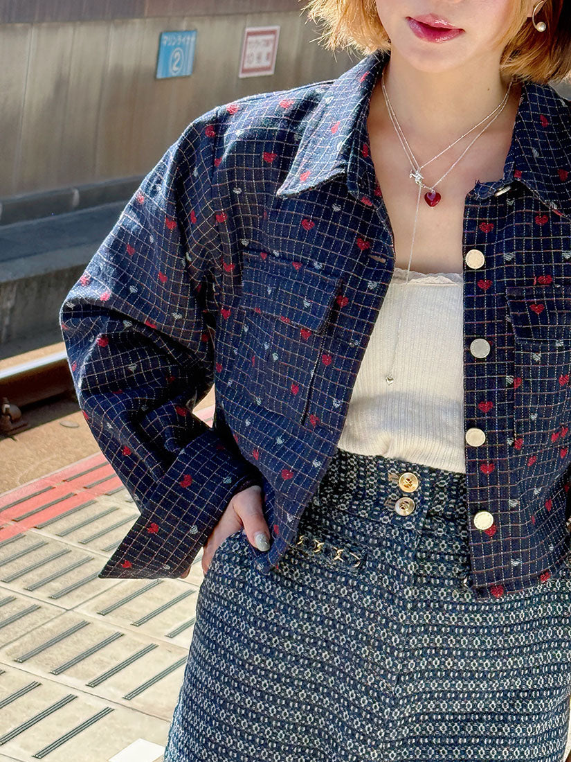 Heart Checkered Denim Crop Jacket