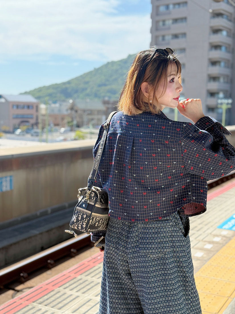 Heart Checkered Denim Crop Jacket