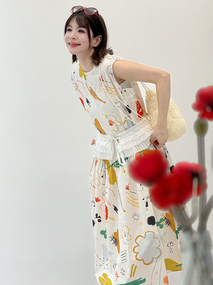 Tie Back Playful Printed Sleeveless Dress (2 Colours)