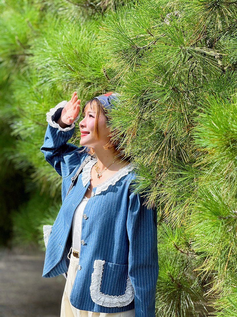 Lace Trim Striped Denim Jacket