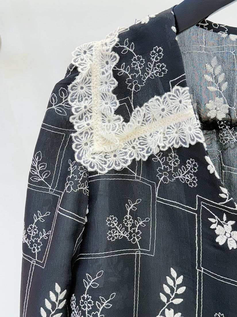 Lace Trim Collar Floral Embroidered Blouse