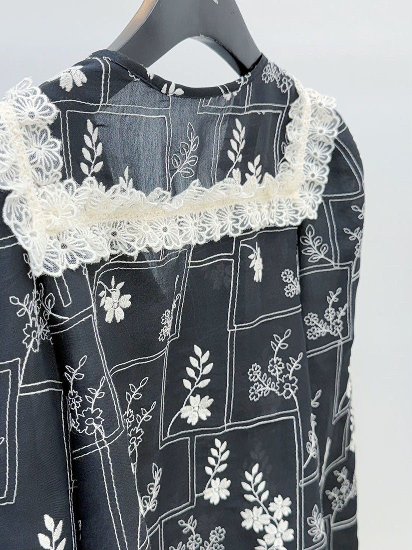 Lace Trim Collar Floral Embroidered Blouse