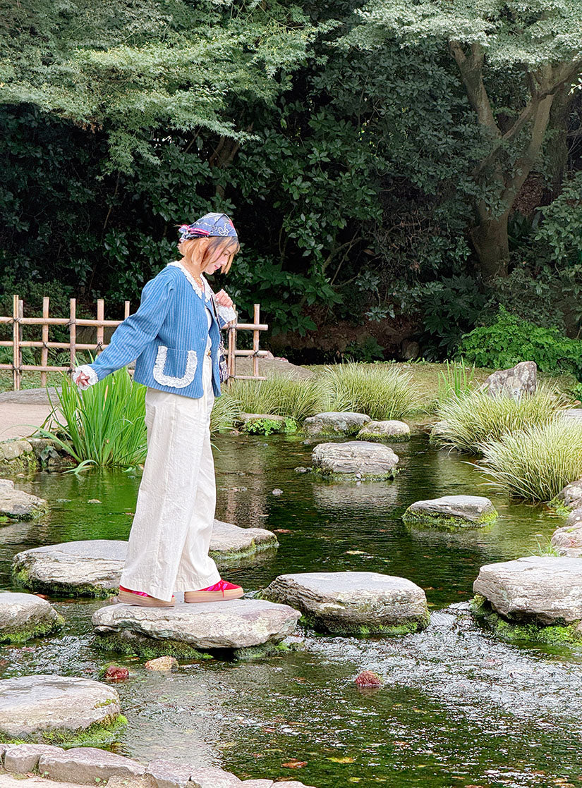 Lace Trim Striped Denim Jacket