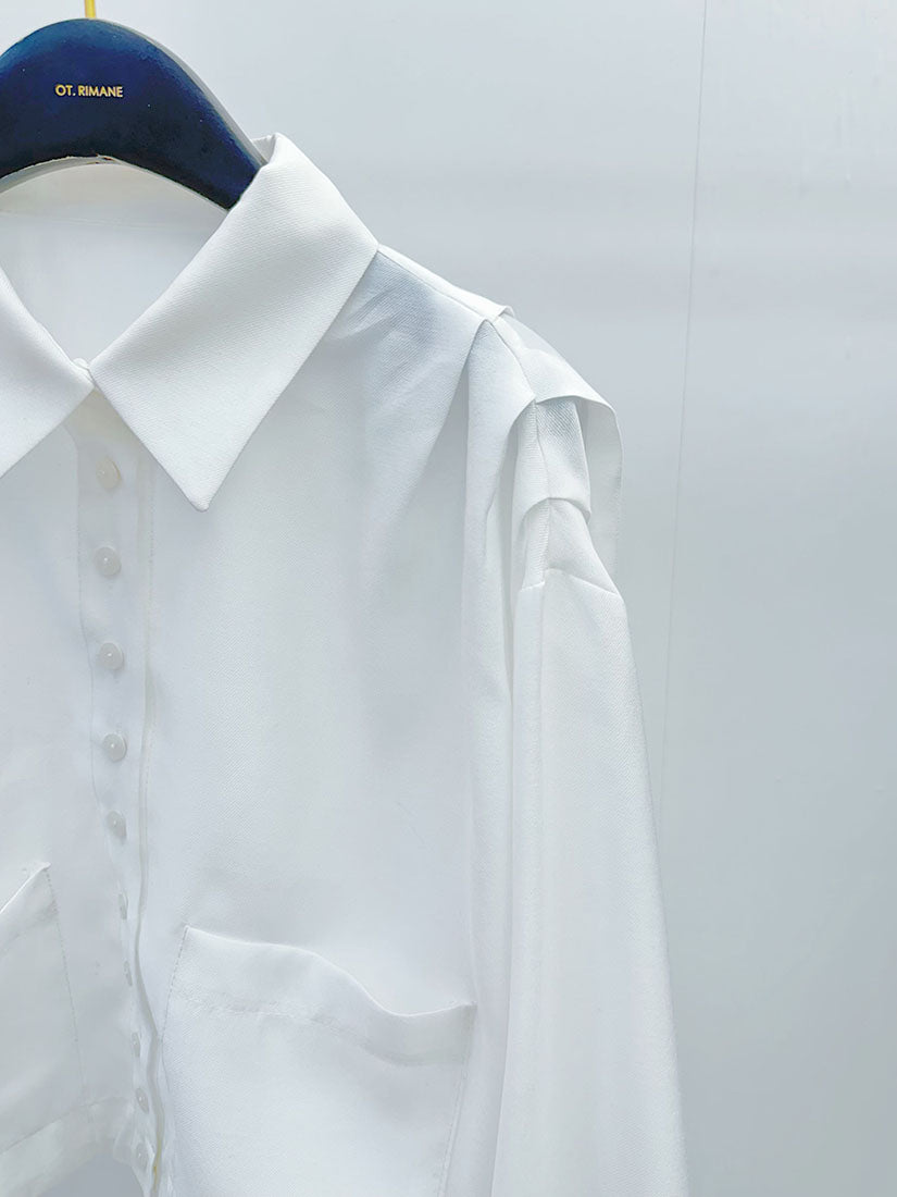 Pleated Shoulder Drawstring Waist Buttony Shirt
