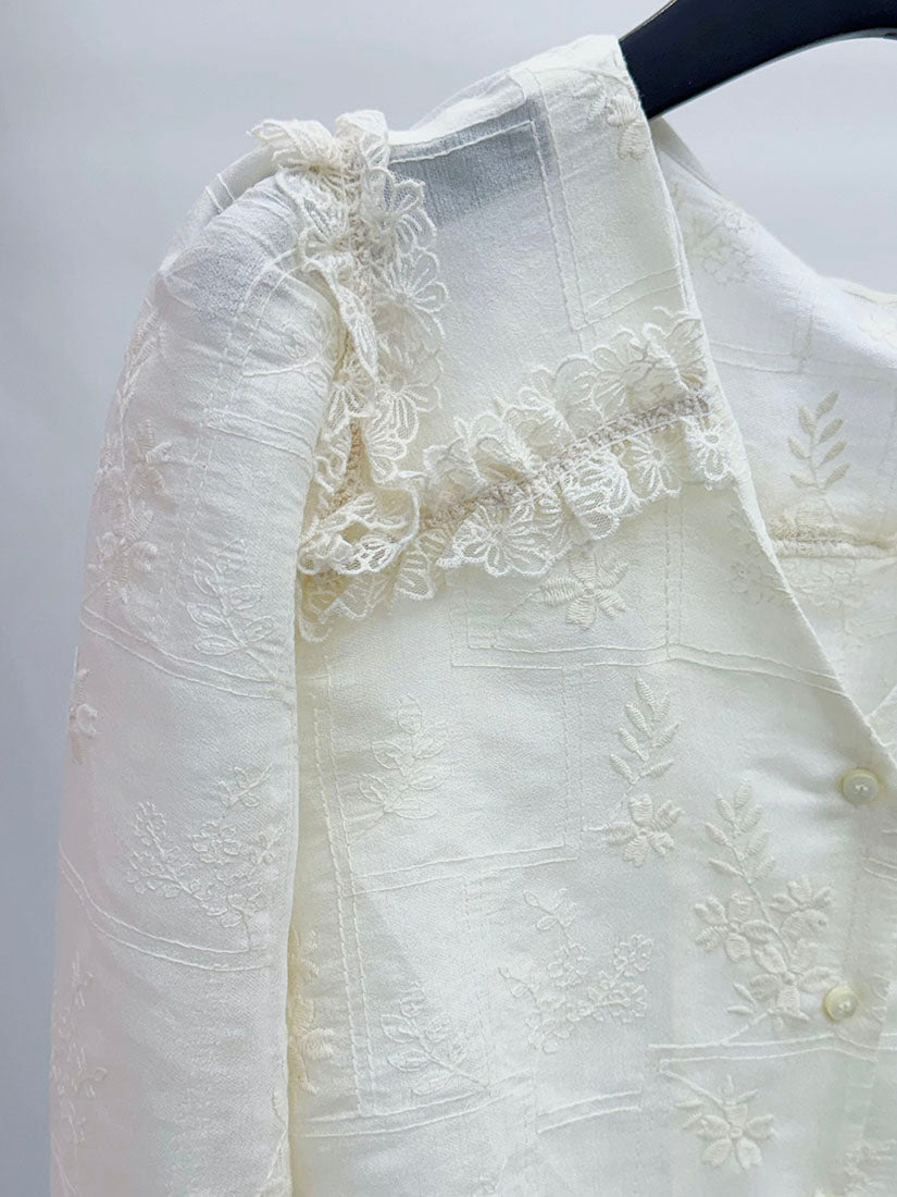Tonal Lace Trim Collar Floral Embroidered Blouse