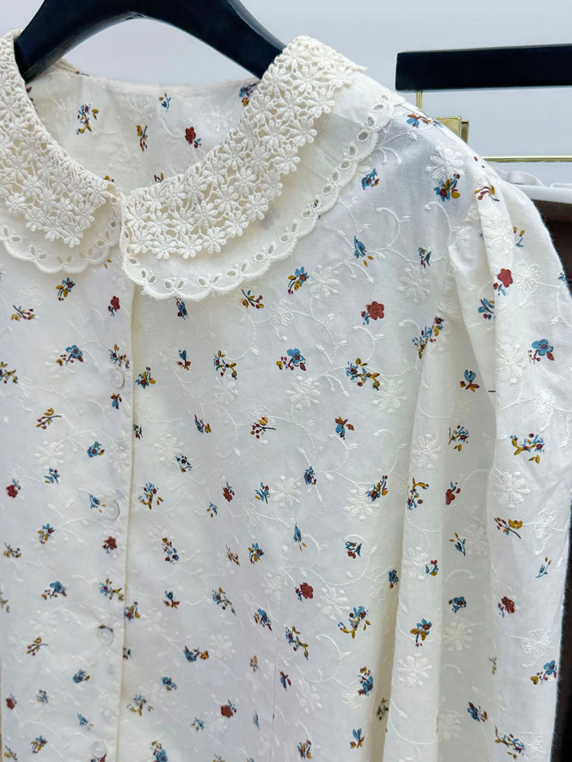 Layered Lace Collar Floral Embroidered With Printed Blouse