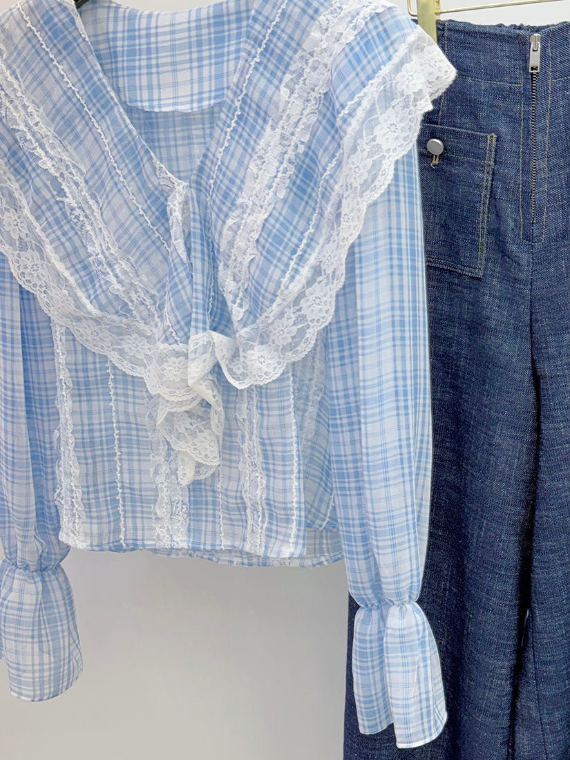 Lace Trim Plaid Blouse