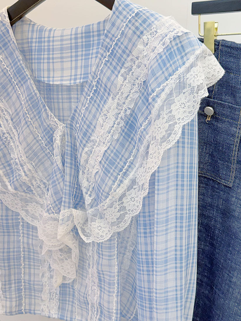 Lace Trim Plaid Blouse