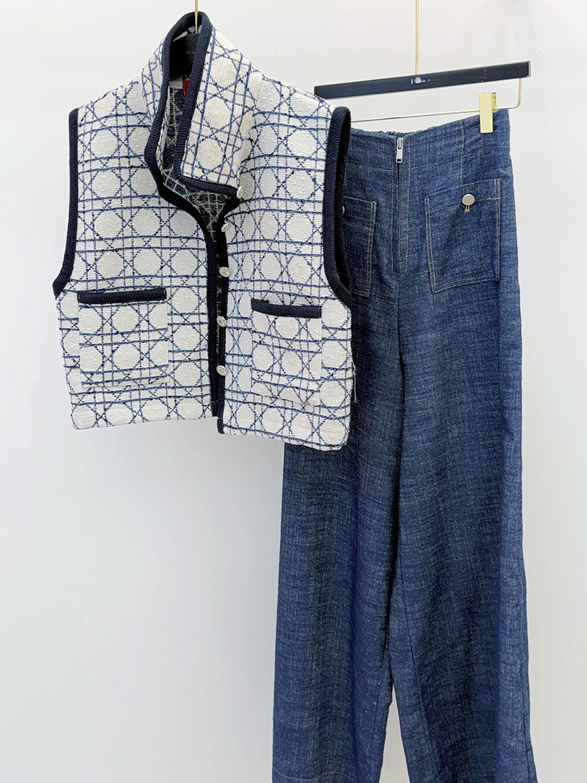 Checked Jacquard Vest Cardigan