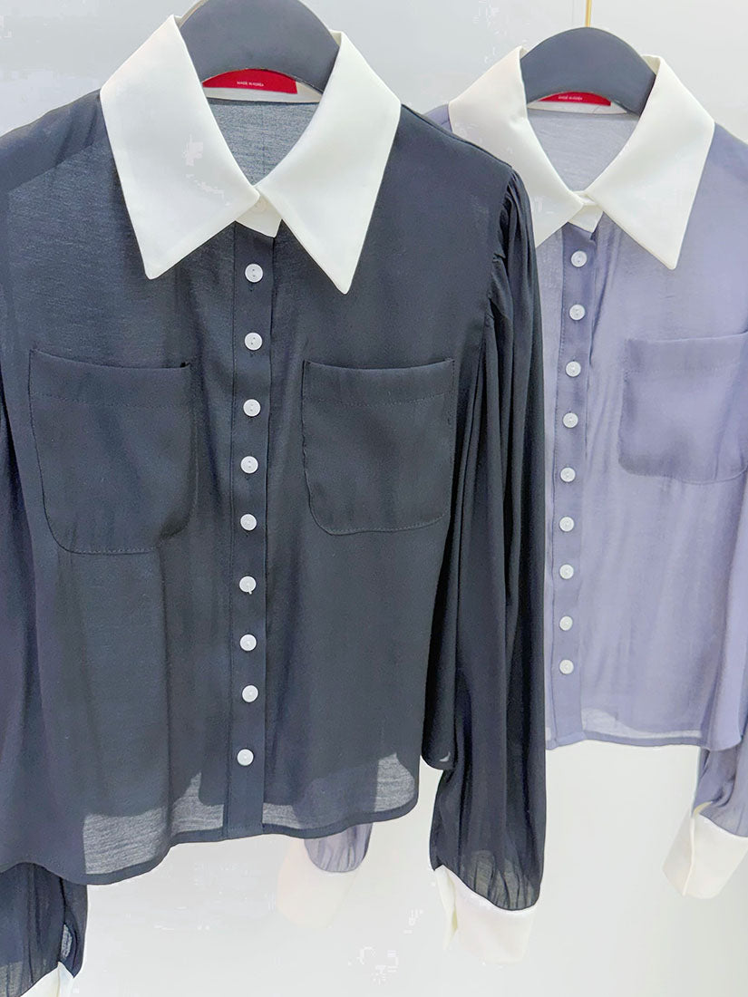 Sheer Contrast Collar Buttony Shirt (2 Colours)