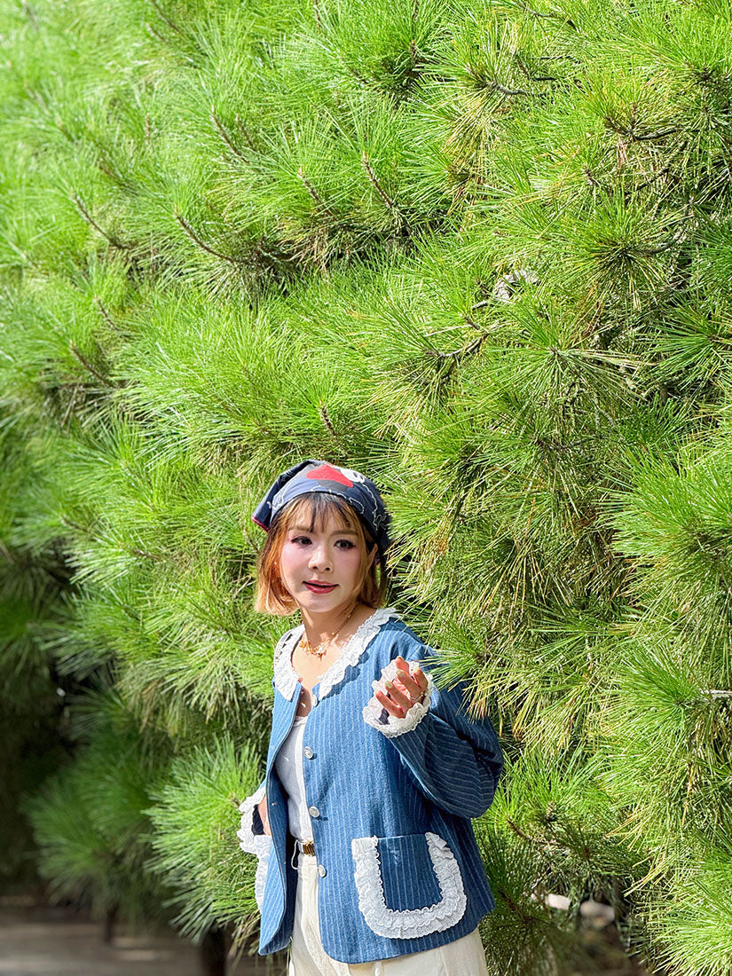 Lace Trim Striped Denim Jacket