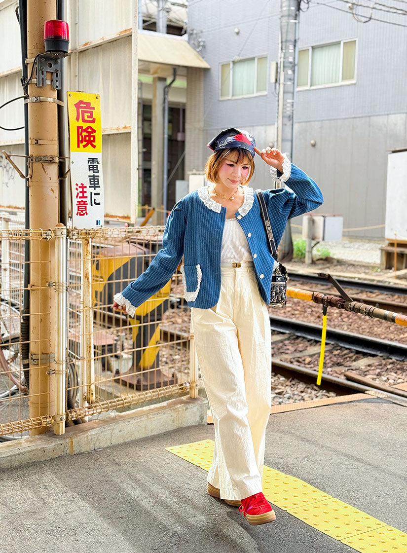 Lace Trim Striped Denim Jacket