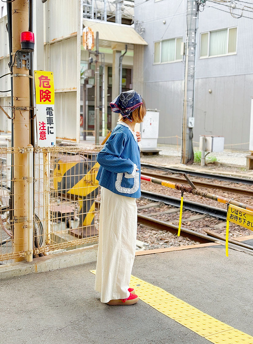 Lace Trim Striped Denim Jacket