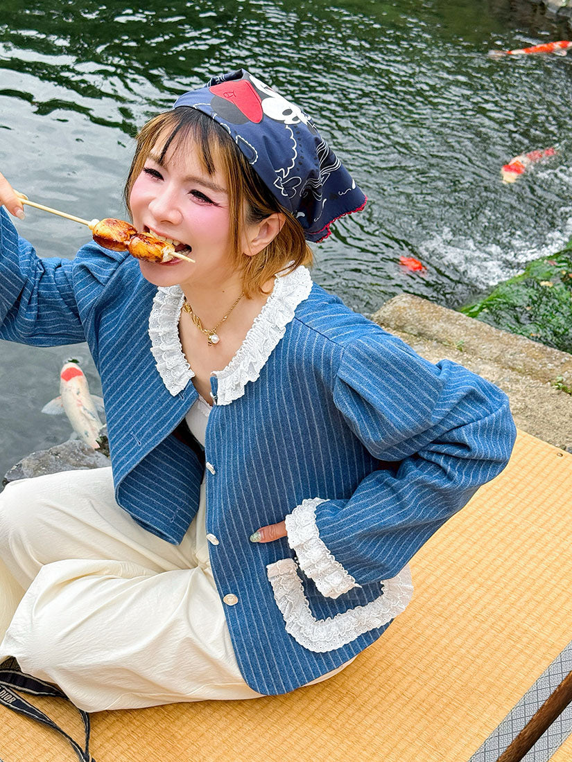 Lace Trim Striped Denim Jacket