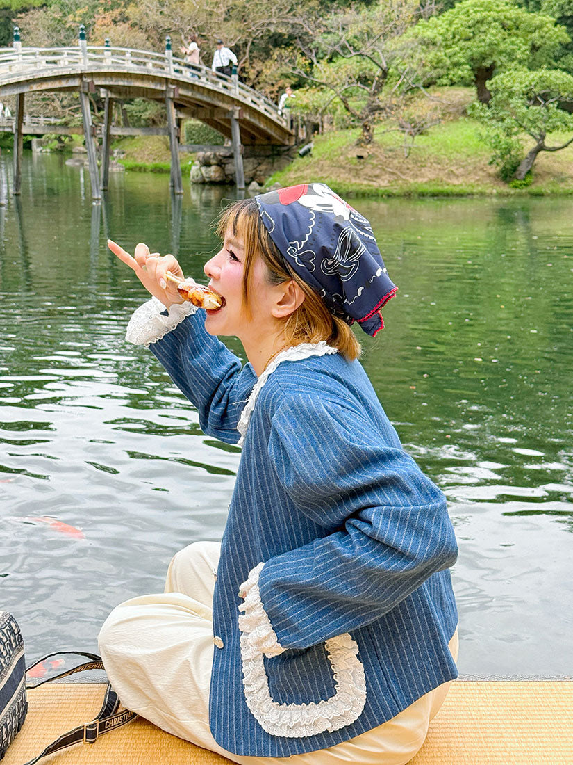 Lace Trim Striped Denim Jacket