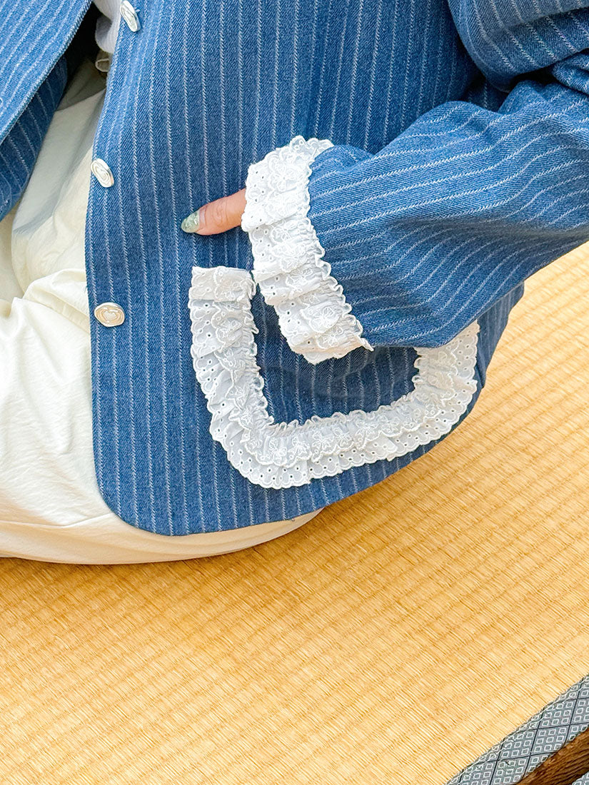 Lace Trim Striped Denim Jacket