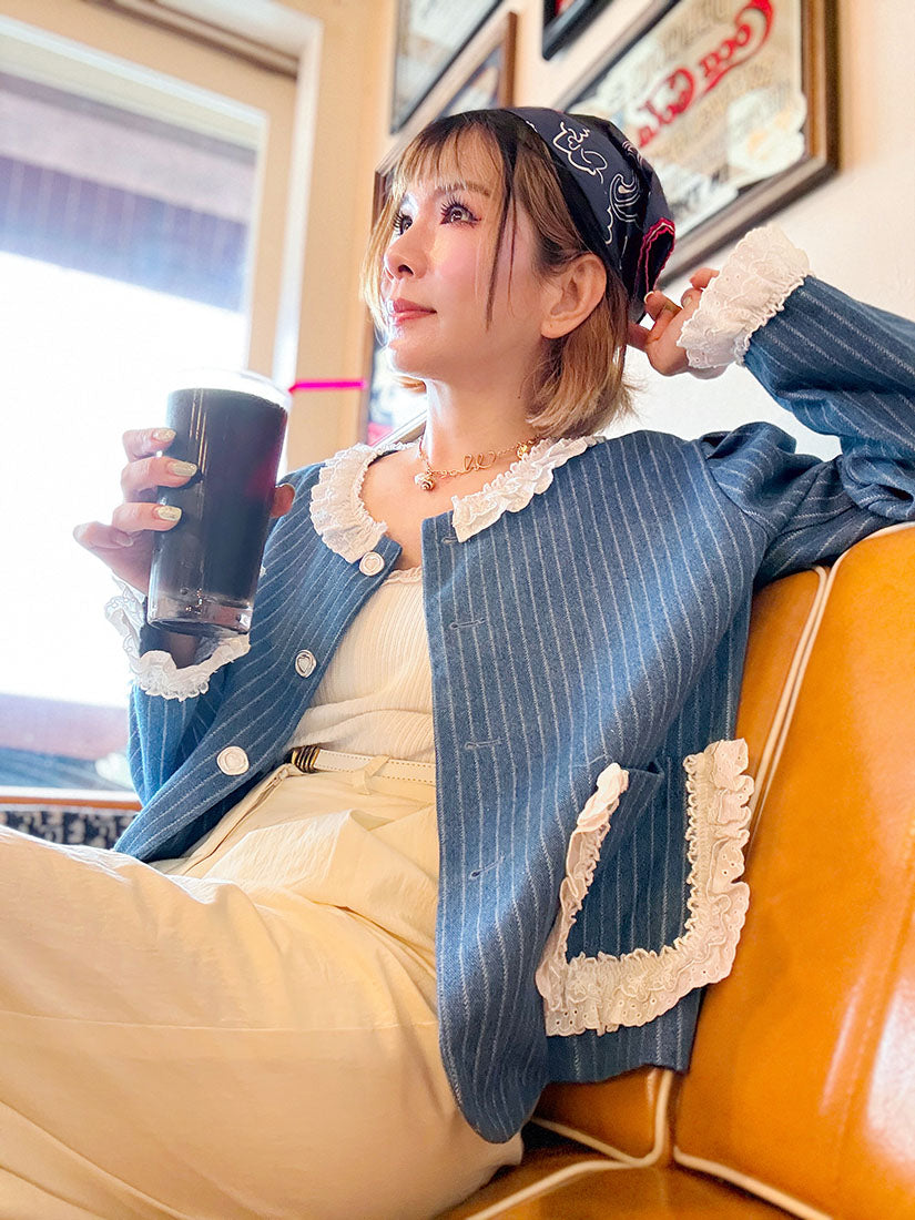 Lace Trim Striped Denim Jacket