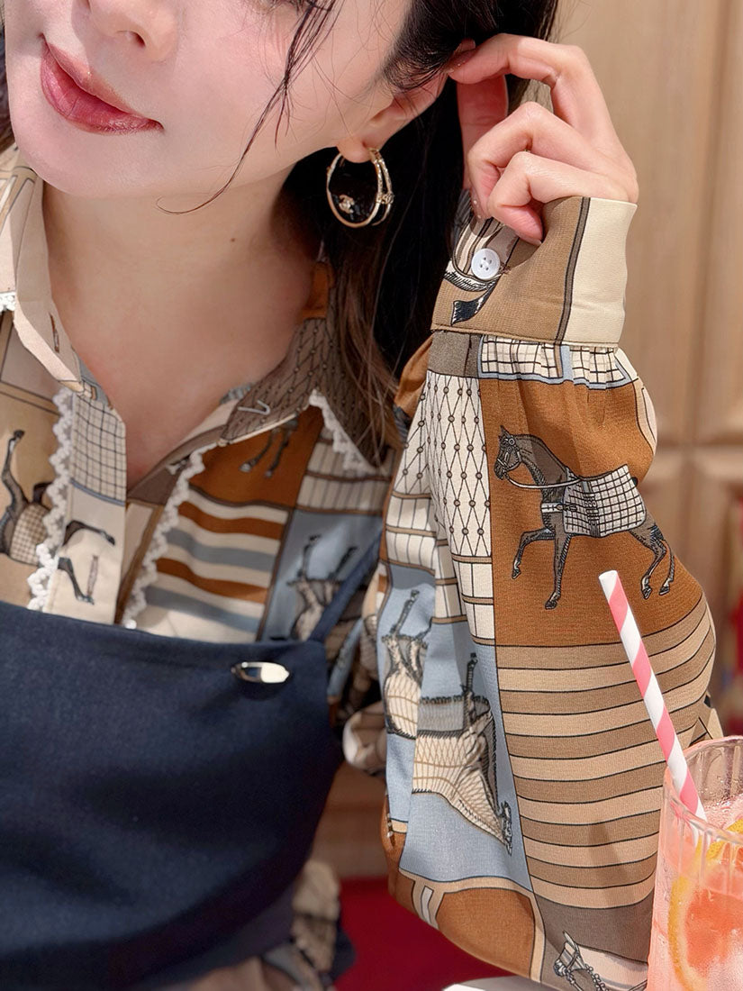 Lace Trim Horse Printed Shirt