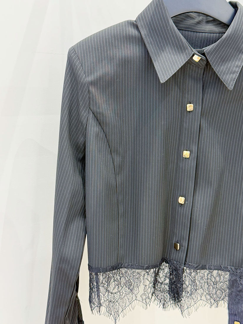 Lace Hem Pin-Striped Crop Shirt (2 Colours)