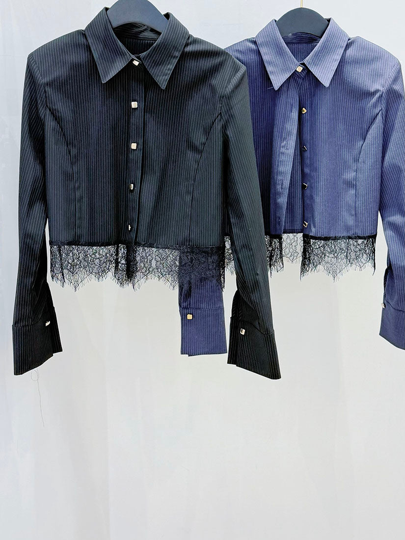 Lace Hem Pin-Striped Crop Shirt (2 Colours)