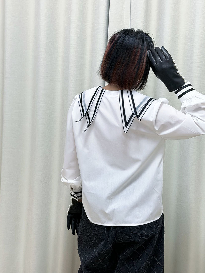 Double Layer Collar Contrast Trim Blouse (2 Colours)