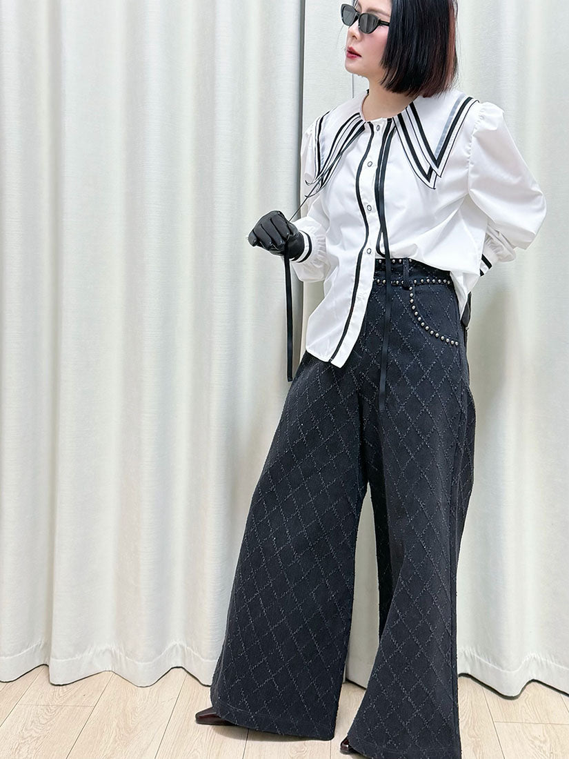 Double Layer Collar Contrast Trim Blouse (2 Colours)