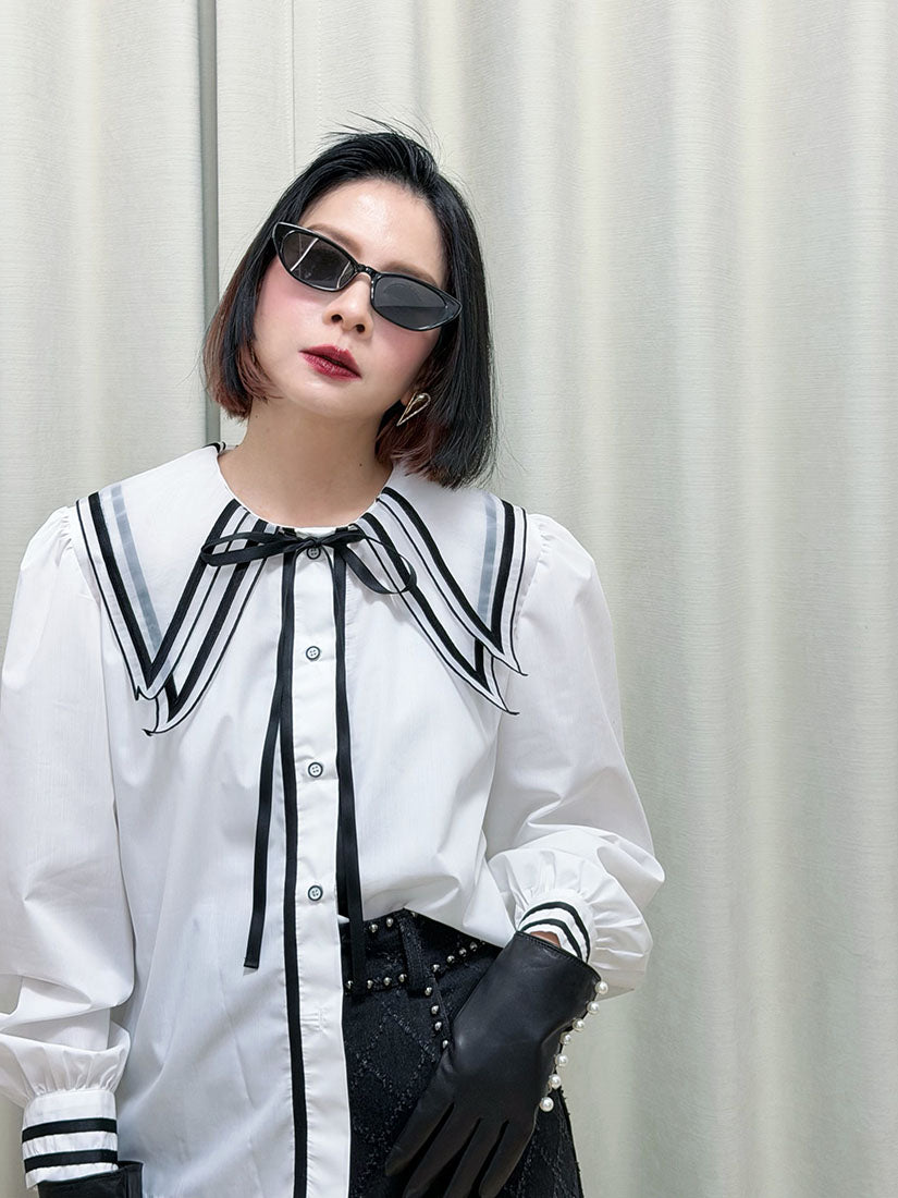 Double Layer Collar Contrast Trim Blouse (2 Colours)