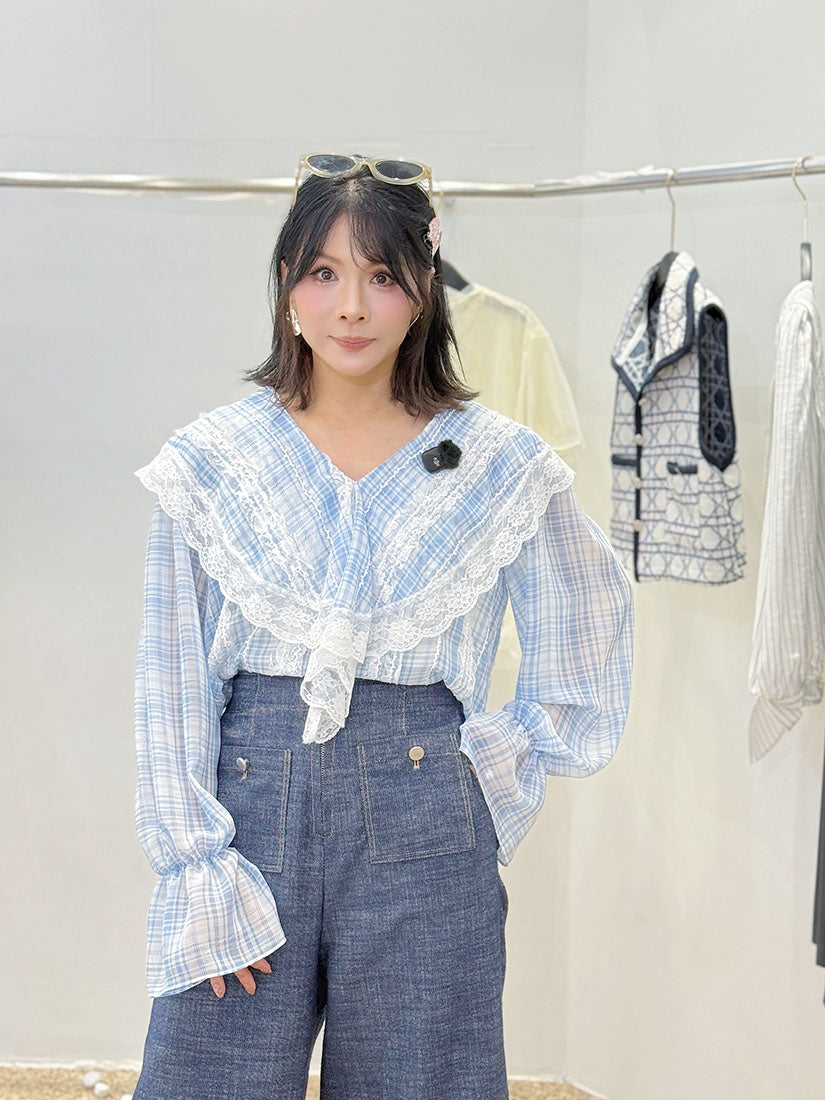 Lace Trim Plaid Blouse