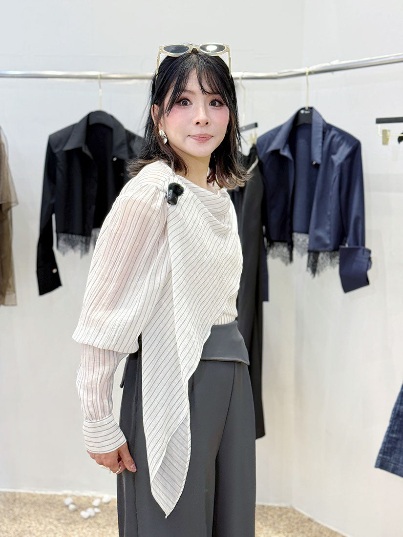 Scarf Drape Striped Blouse