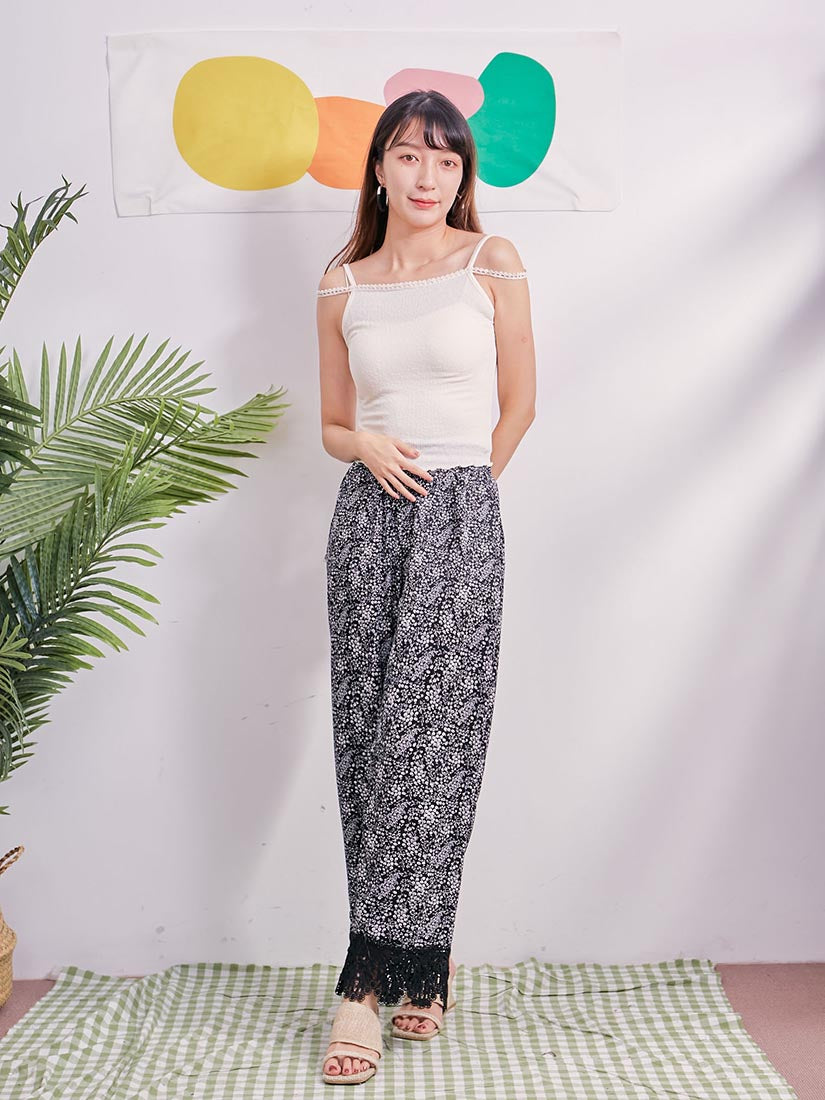 Floral Print Lace Hem Pants (2 Colours)