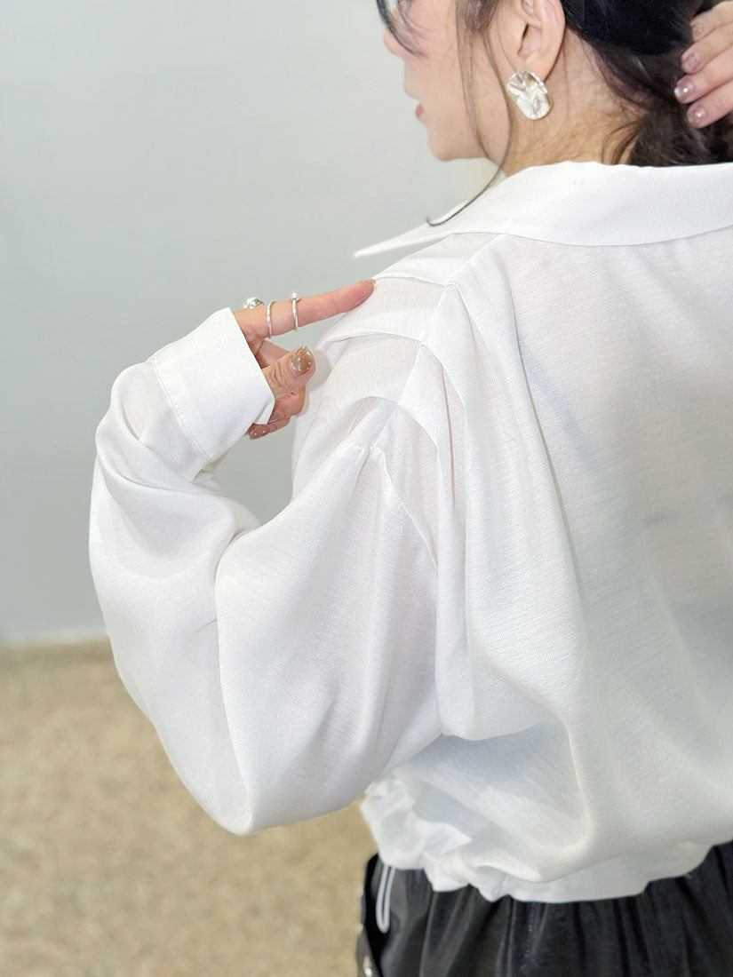 Pleated Shoulder Drawstring Waist Buttony Shirt