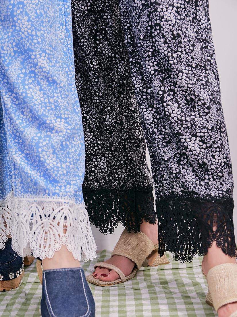 Floral Print Lace Hem Pants (2 Colours)