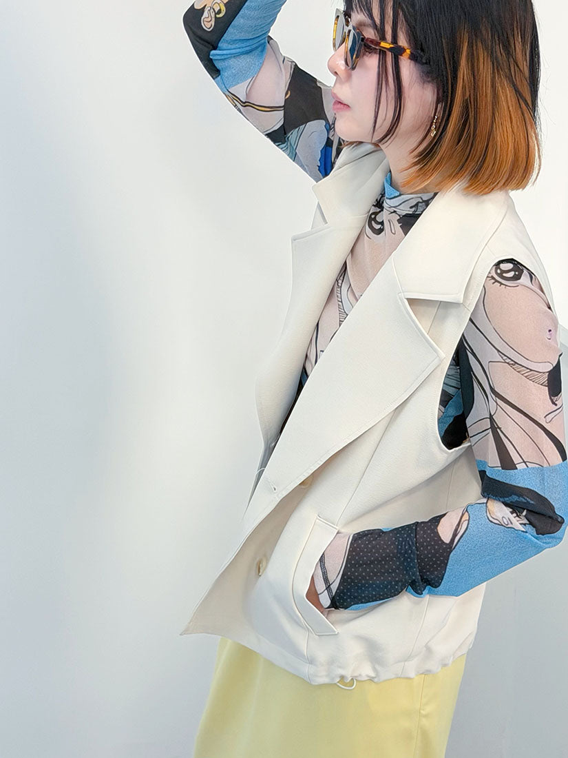 Drawstring Waist Double Breasted Vest Blazer (2 Colours)