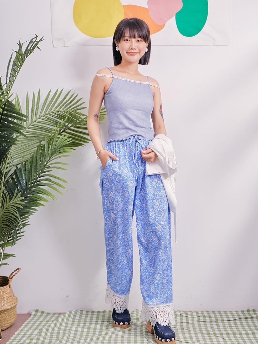 Floral Print Lace Hem Pants (2 Colours)