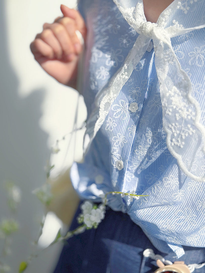 Lace Collar Floral Printed Striped Blouse