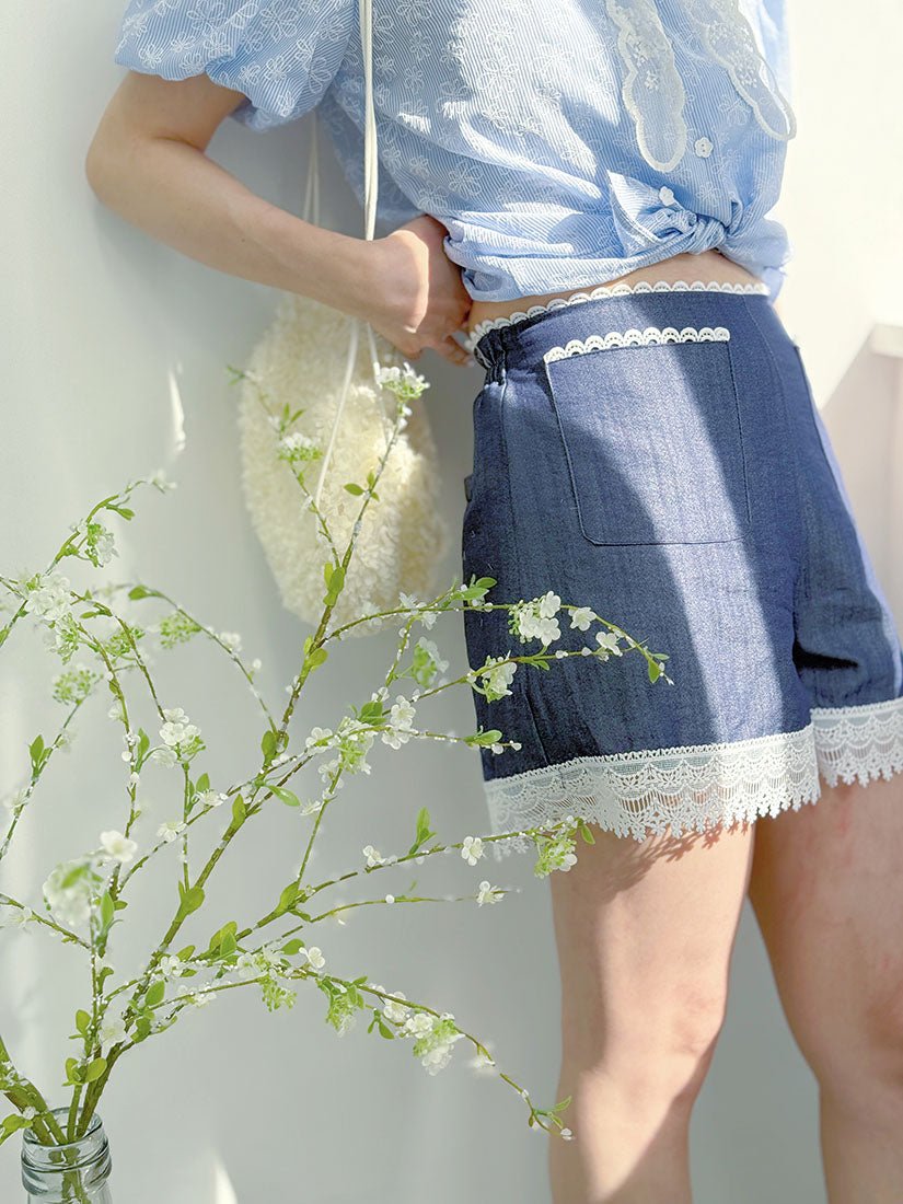 Lace Trim Denim Look Shorts (2 Colours)