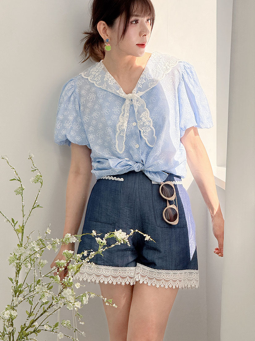 Lace Collar Floral Printed Striped Blouse