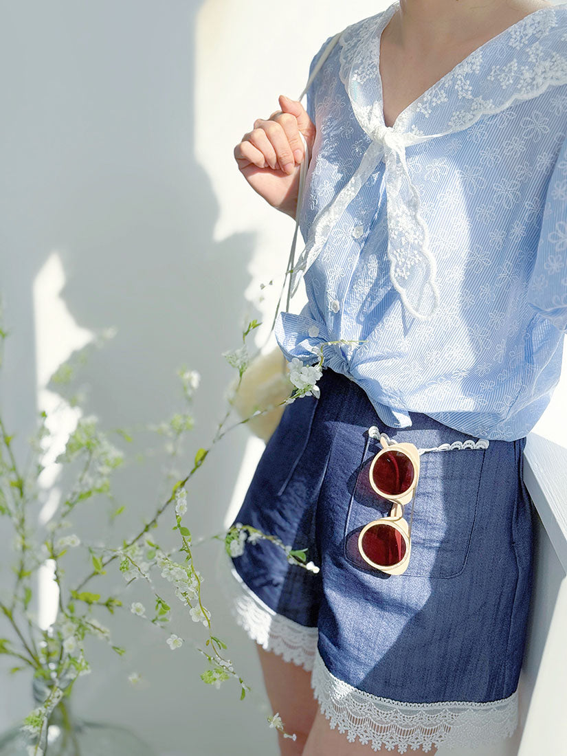 Lace Collar Floral Printed Striped Blouse