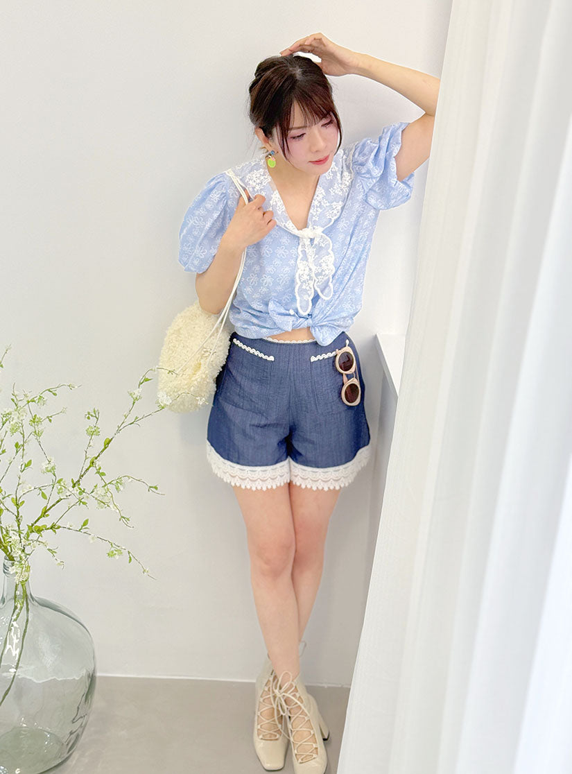 Lace Collar Floral Printed Striped Blouse