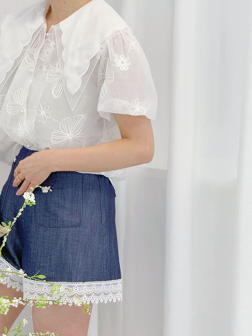 Lace Trim Denim Look Shorts (2 Colours)