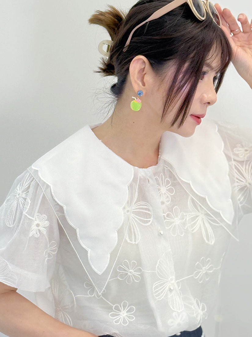 Pointed Collar Floral Embroidered Organza Blouse