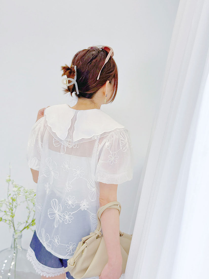 Pointed Collar Floral Embroidered Organza Blouse