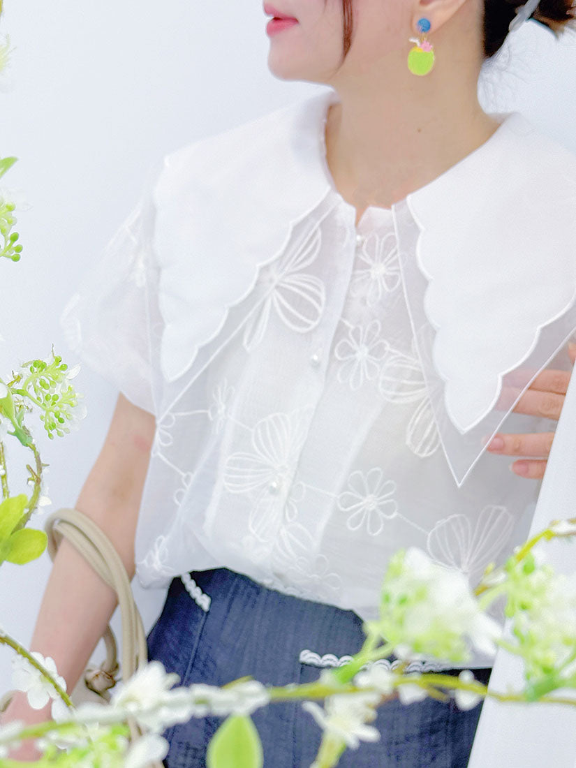 Pointed Collar Floral Embroidered Organza Blouse