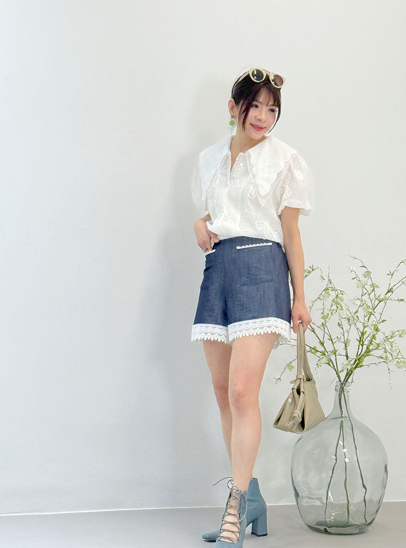 Lace Trim Denim Look Shorts (2 Colours)